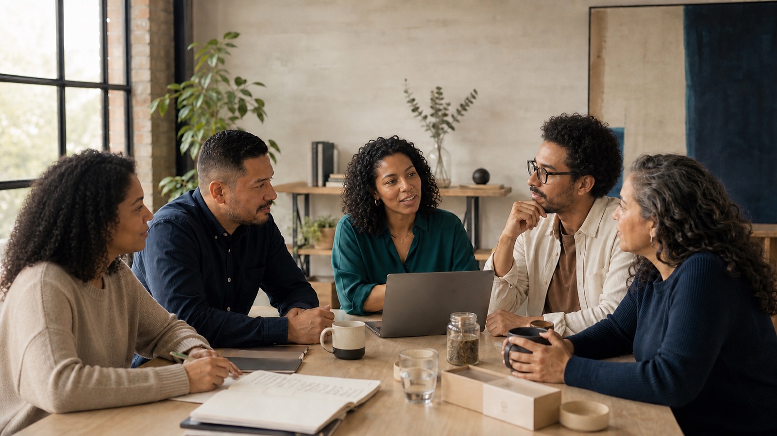 Five Latino and Hispanic professionals collaborating around a table